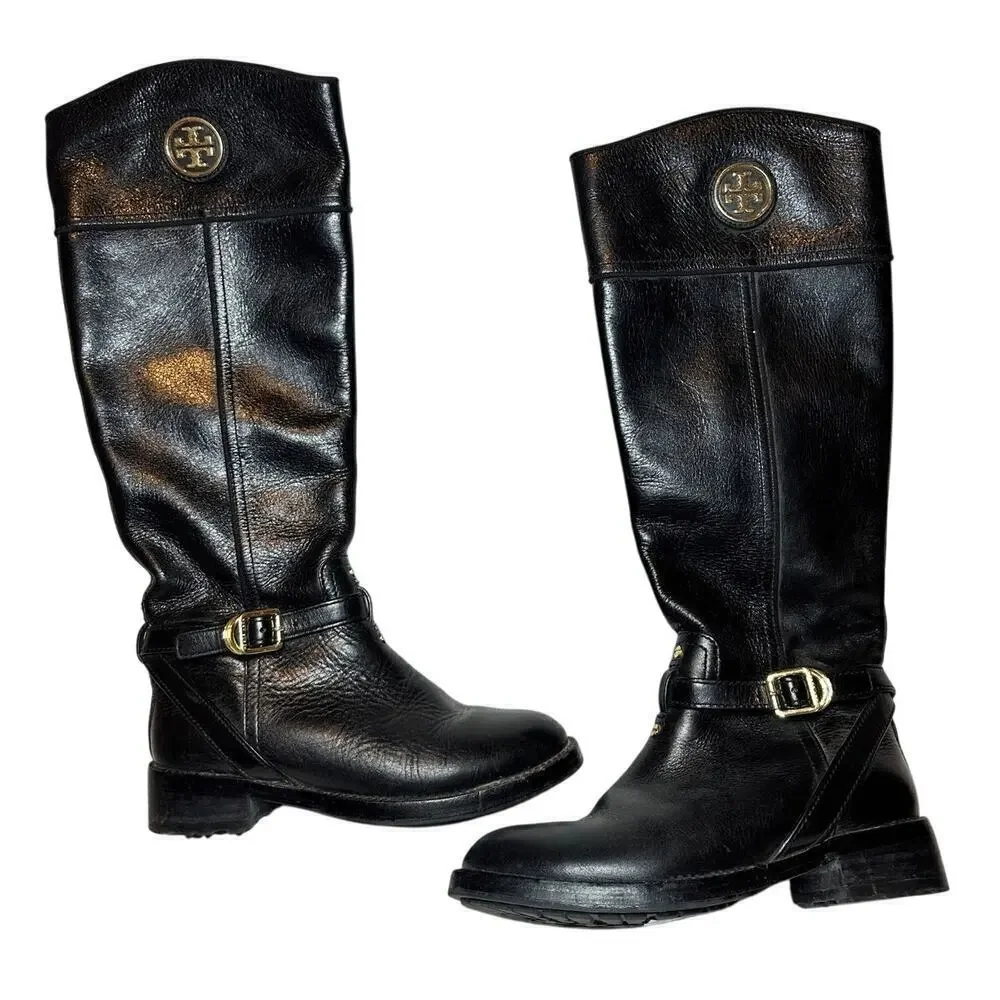 Tory Burch Size 5.5 Logo Tall Side Zipper Riding Boot Black Leather Quiet Luxury